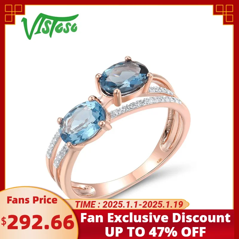 VISTOSO Authentic 14K 585 Rose Gold Ring For Women Sparkling Diamond Blue Topaz Charming Elegant Wedding Party Gift Fine Jewelry