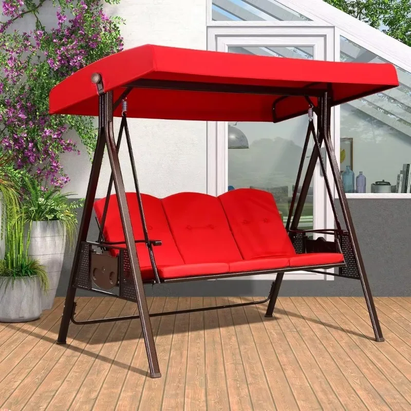 3-Seat Porch Swing - Adjustable Canopy, Thick Cushions, Removable Covers, Cup Holder, Durable Aluminum Frame, Solar Lights