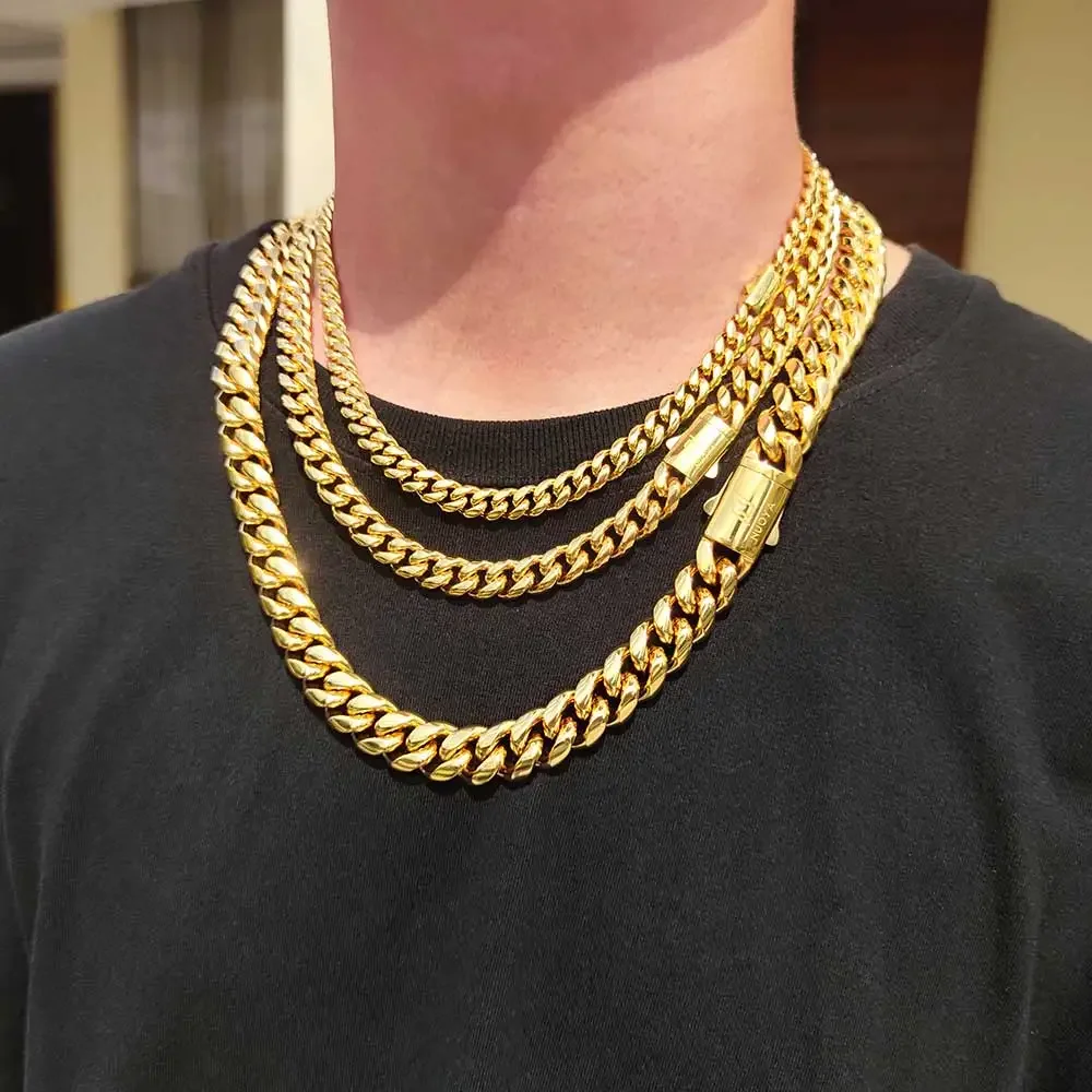 Hochwertige Breite 8–14 mm, Edelstahl, goldfarben, kubanische Kette, wasserdichte Panzergliederkette für Männer und Frauen, verschiedene Größen – Detail 7