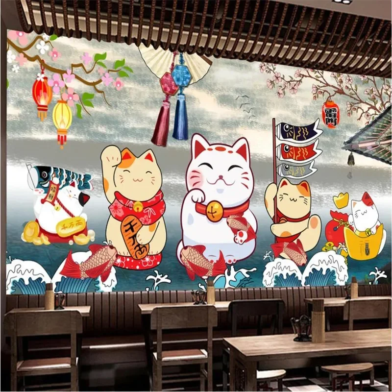 Japanese Style Lucky Cat 3D Wall Paper Japanese Cuisine Izakaya Sushi Restaurant Industrial Decor Background Mural Wallpaper 3D