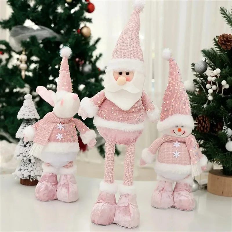 Extendable Christmas Santa and Snowman Plush Toy Pink Glitter Doll Holiday Home Decor Festive Standing Ornament