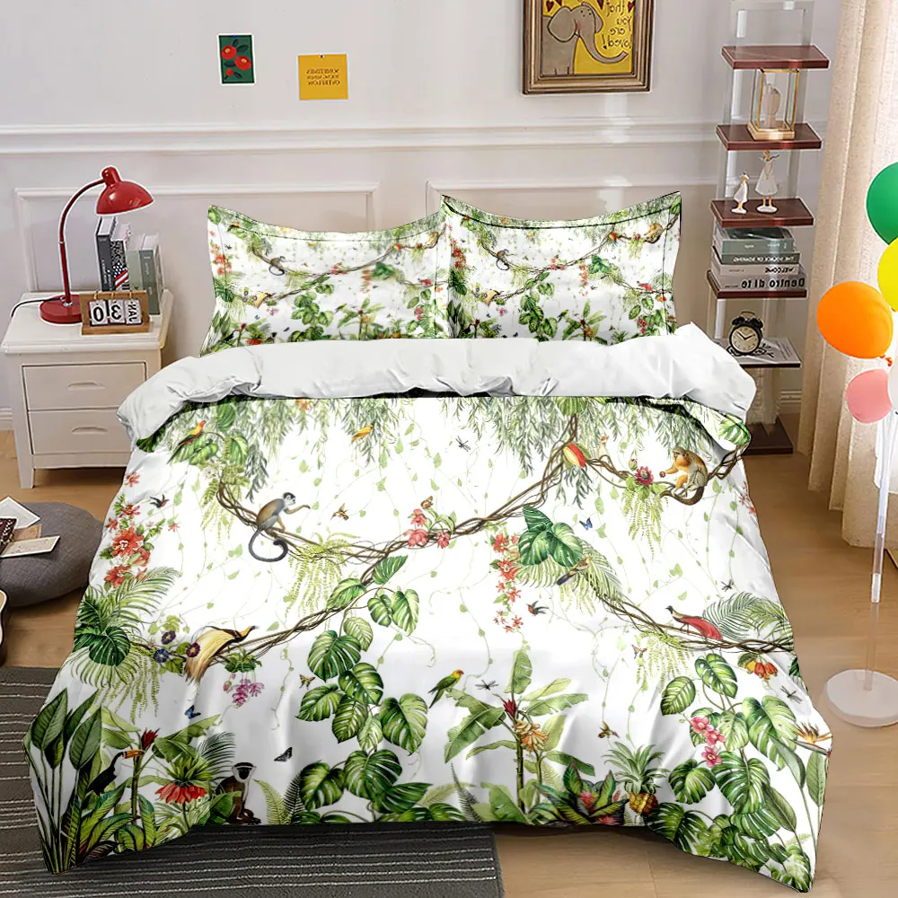 Tropical Jungle Monkey & Birds Bedding Set 3pcs, Watercolor Botanical Print Duvet Cover, Nature Themed Bed Linen for Bedroom