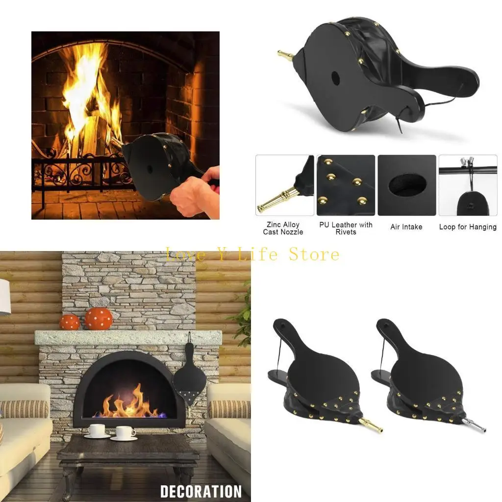 L74C Blower with Hanging Strap Multifunctional Black Fireplace Bellows Indoor for BBQ, Outdoor Camping, Stove