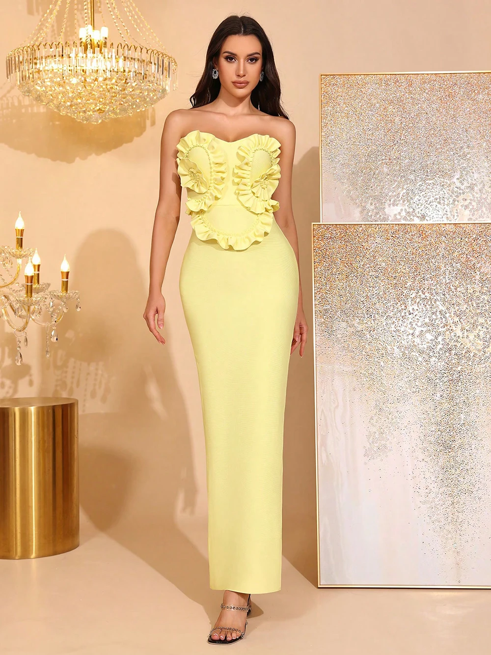 Modphy 女性フリルセクシーなストラップレスバックレスロング包帯ドレスファッションソリッドノースリーブボディコンカクテルパーティー誕生日ドレス