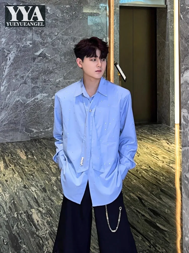Summer Mens Long Sleeve Fashion Shirts Sequin Shiny Cross Tie Shoulder Padded Shirt Loose Fit Turndown Collar Casual Tops Male
