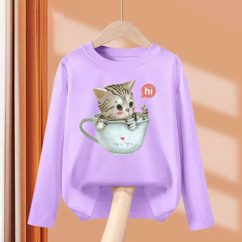 Aimi Lakana Kids Kitty Cat T-Shirt Baby Girls Long Sleeve Tops Cute Print Clothes Spring Autumn Cotton Tees 3T-14T