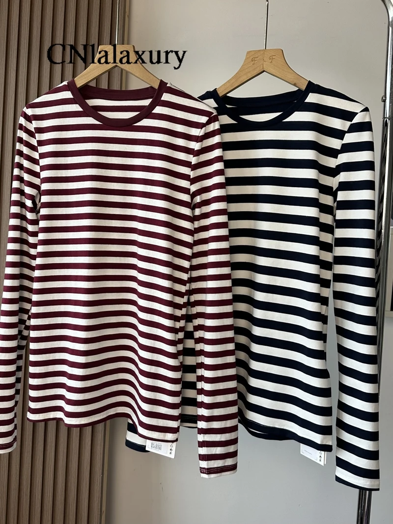 CNlalaxury Stripe Tshirt Women 2024 Autumn Casual Pullovers Female  Long-sleeved Round Neck T shirt Tops