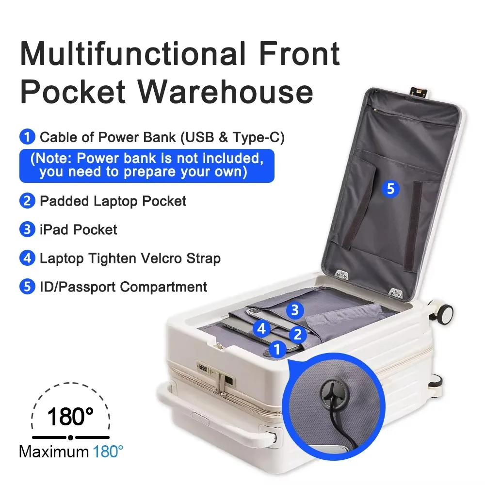 Front Opening Suitcase Aluminum Alloy Widen Trolley Rolling Luggage High-capacity Travel Case with Wheel and USB Charging Plug