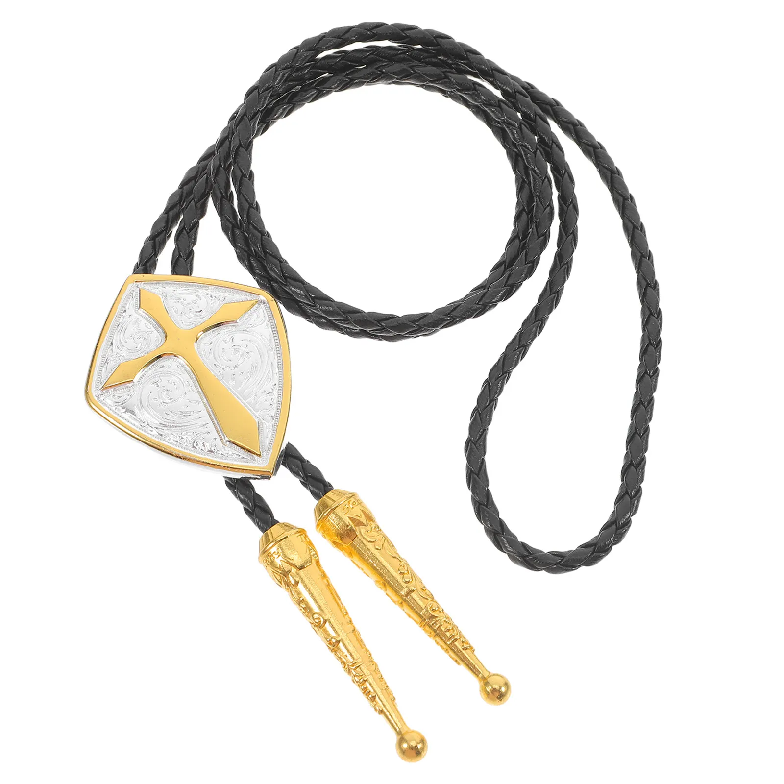 Vintage Cross Bolo Tie Pendant Necklace Western Cowboy Rustic Elegant Adjustable Braided Cord Zinc Alloy for Casual Formal Wear
