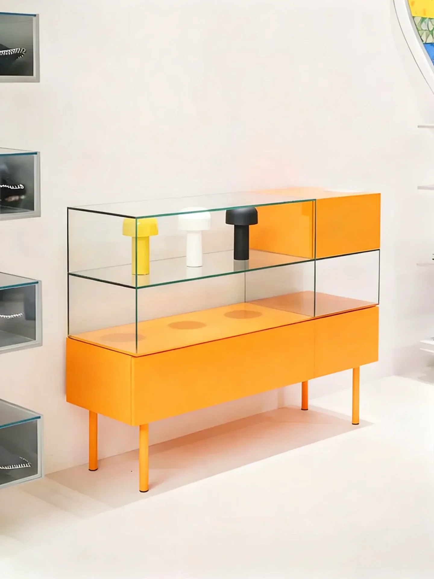 minimalist glass ornament cabinet, dining side cabinet integrated against the wall