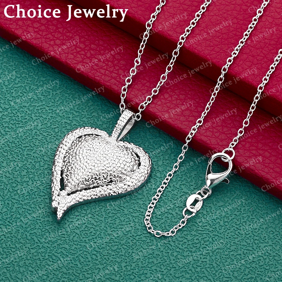 

925 Sterling Silver Frosted Heart Chain Pendant Necklace For Women Fashion Jewelry Classic Engagement Wedding Anniversary