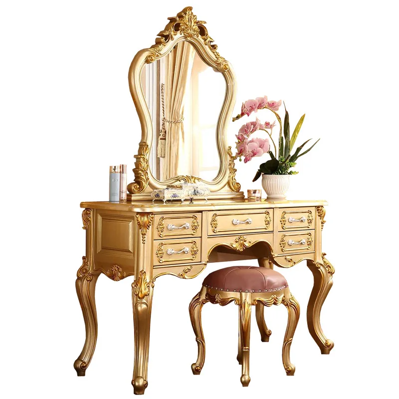 

European Solid Wood Dressing Table French Dressing Table Champagne Gold Bedroom Furniture with Makeup Stool