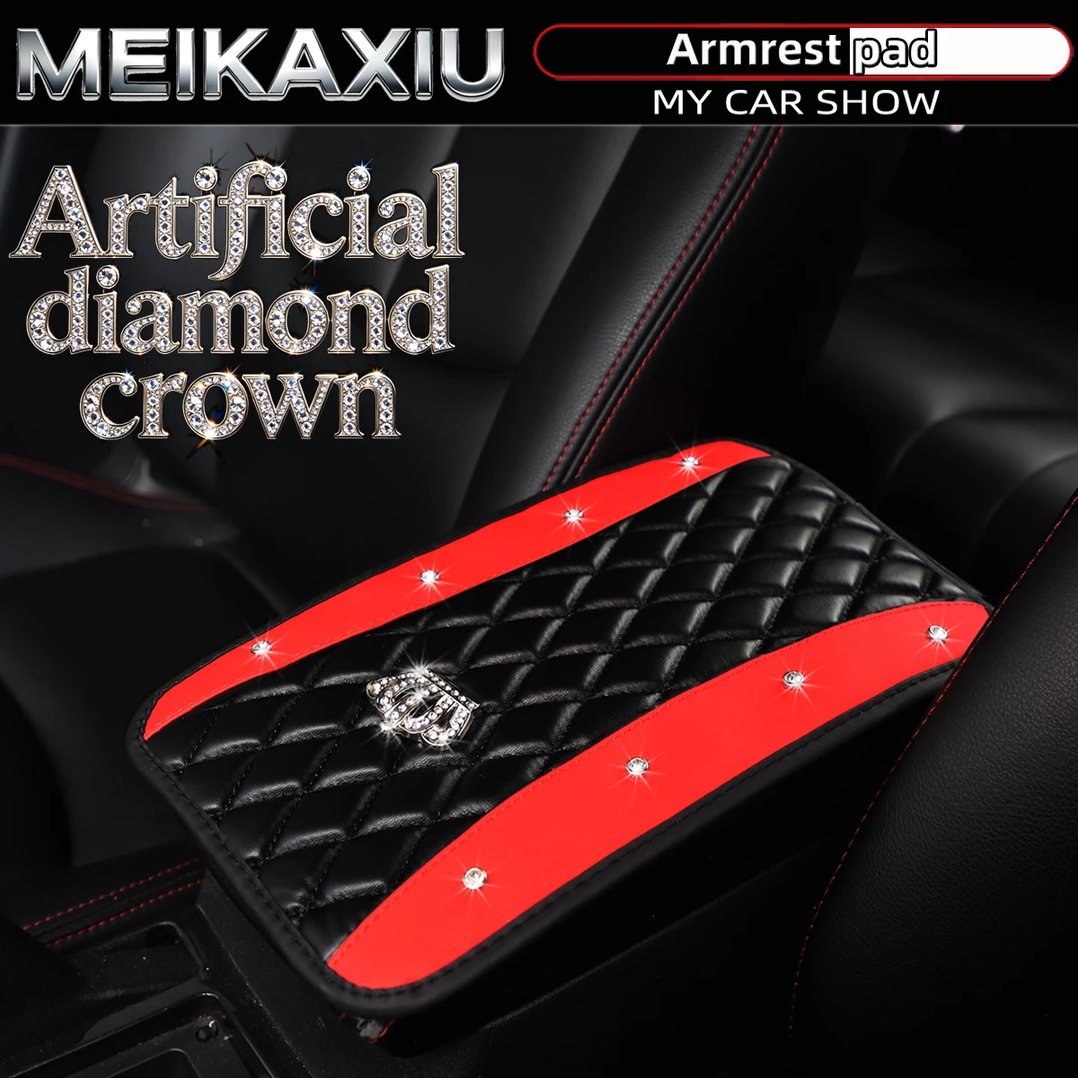 New Women's PU Leather Embroidered with Artificial Diamonds and Glittering Metal Crown - BlingBling Car Console Cover Pad