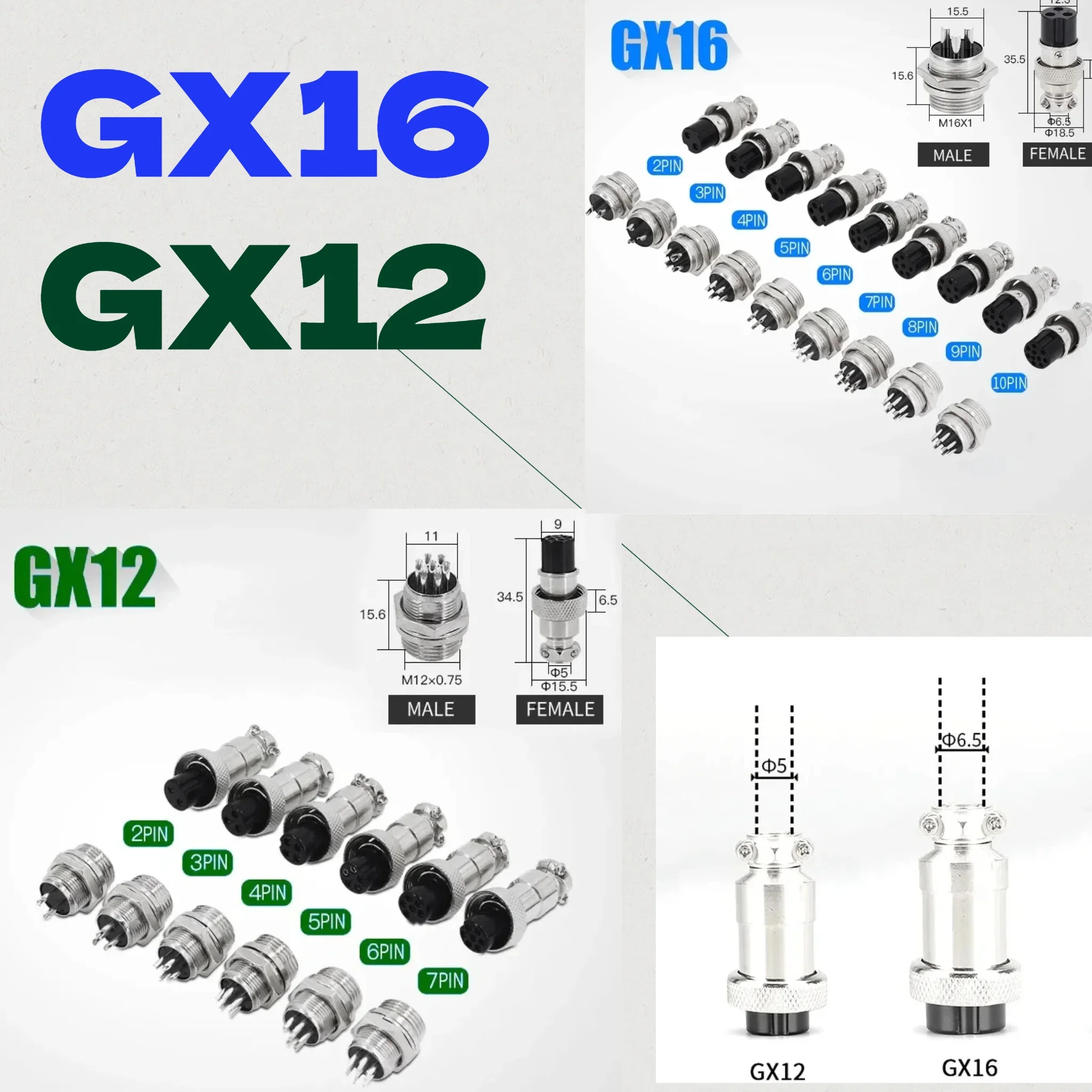 10Set GX12 GX16 2 3 4 5 6 7 8 9 10  Pin Docking Aviation Plug Socket Waterproof Circular Connector