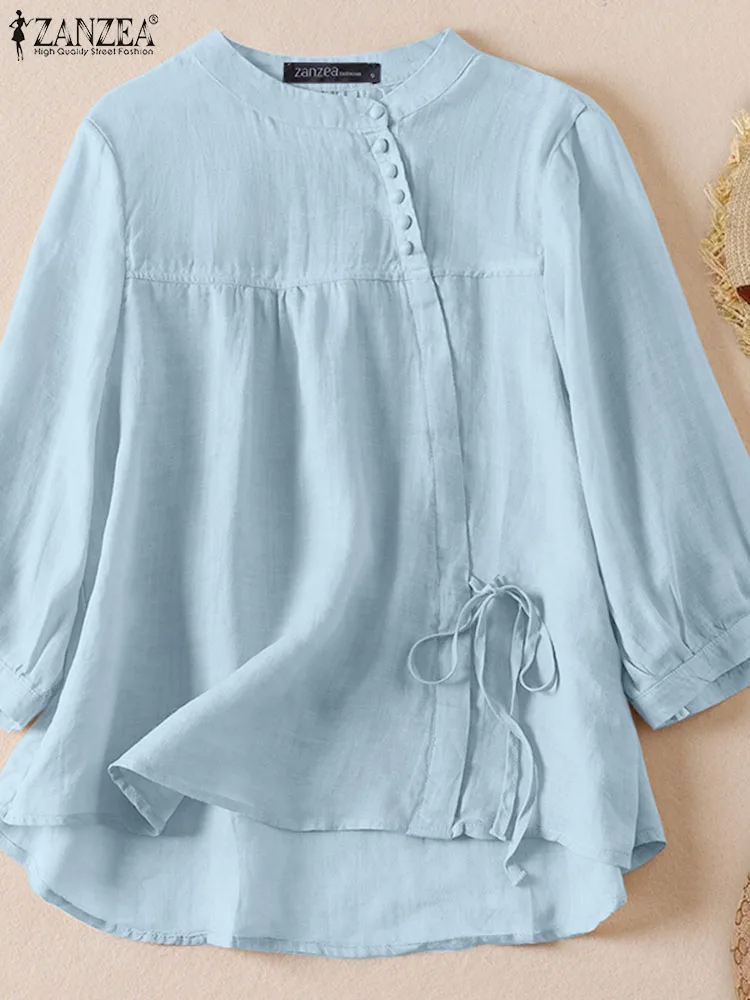 Women Shirt ZANZEA Fashion Tops 2024 Summer Blouse 3/4 Sleeve Lace Up Casual Loose Solid Color Vintage O Neck Blusas Femininas