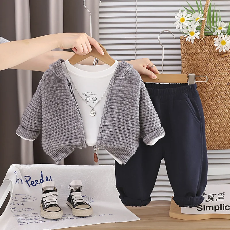 Baby Boy 3 Piece Outfit Set 2026 Autumn Winter Casual Solid Color Hooded Zipper Sweater Coat + T-shirts + Pants Kids Boys Suit