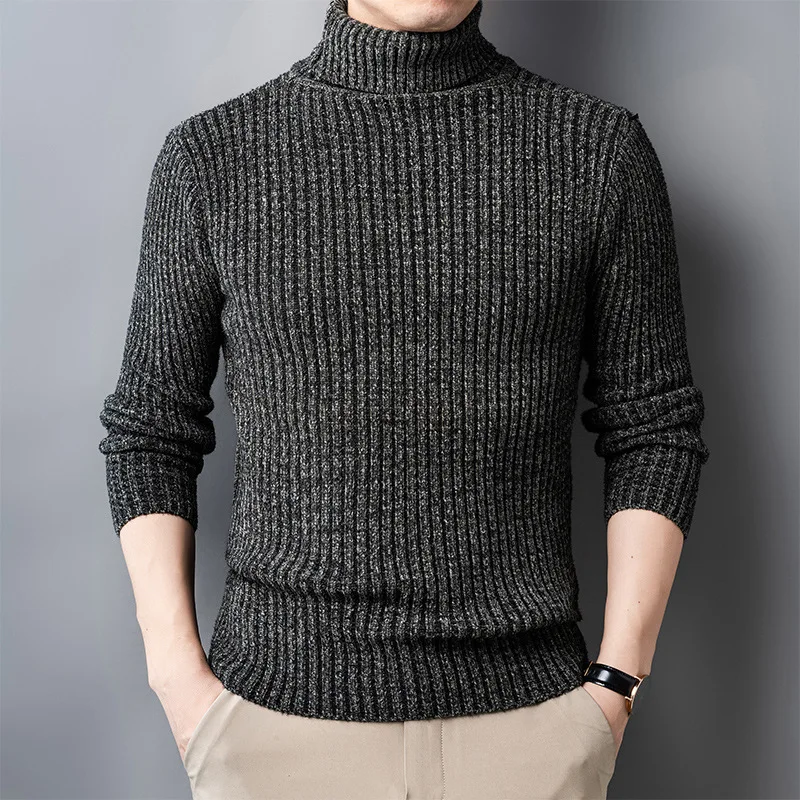 Autumn and Winter Men's Pullover High Neck Solid Screw Thread Long Sleeve Sweater Knitted Underlay Loose Fashion Casual Tops