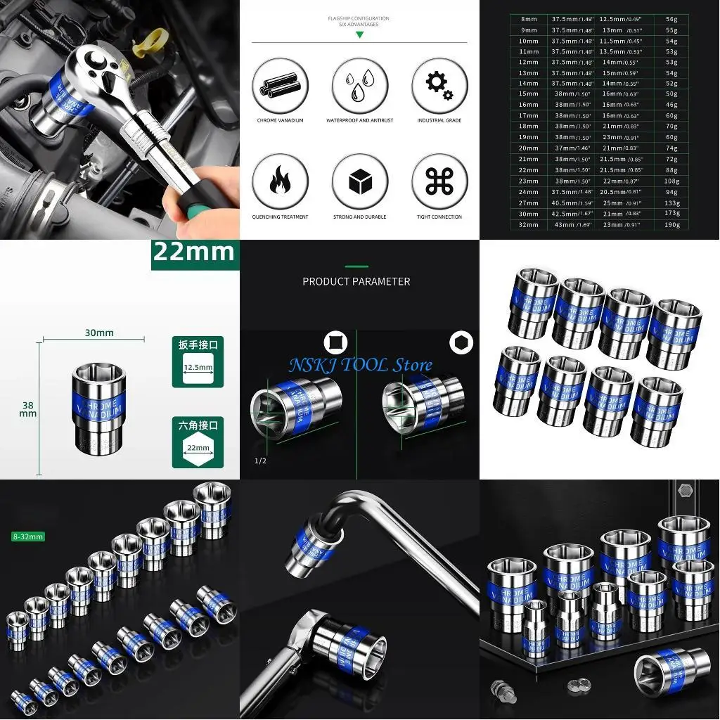 

L8RC Reliable Hexagonals Socket Wrench Head Set for Easy Repairs Smooth Platings, Quick to Use, Long Lastings and Durability