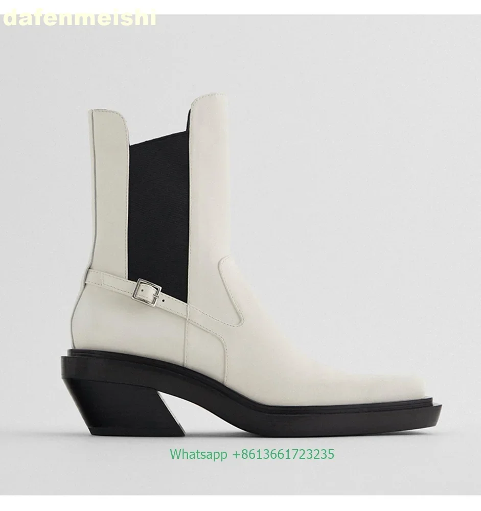 

2025 New Square Head Cowboy Style High Heeled Short Boots Black/white Leather Chelsea Boots Genuine Leather Motorcycle Boots