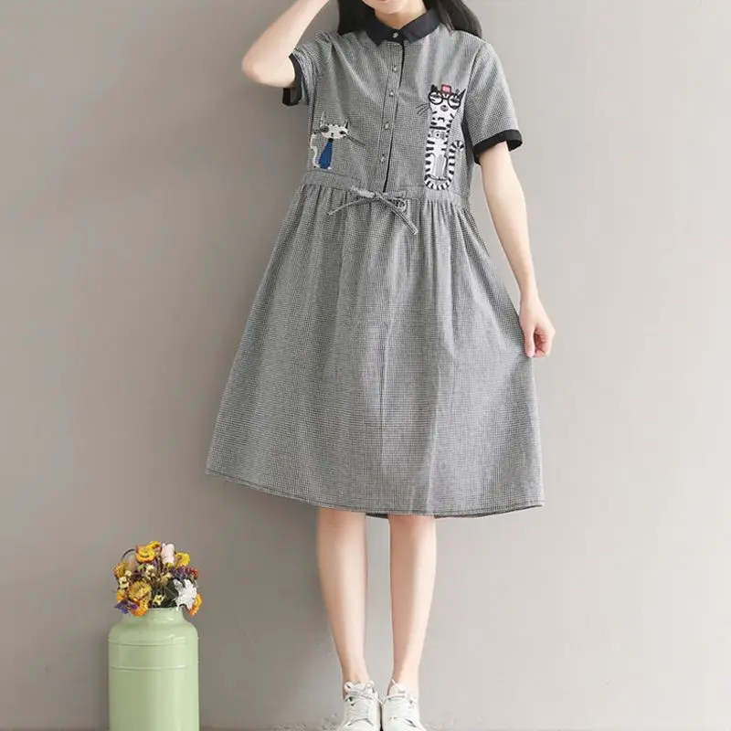 Women's Sweetheart Summer Petticoat Short Sleeved Skirts Student Youth Skirt Junior High School Girls Checkered Slim Dresses