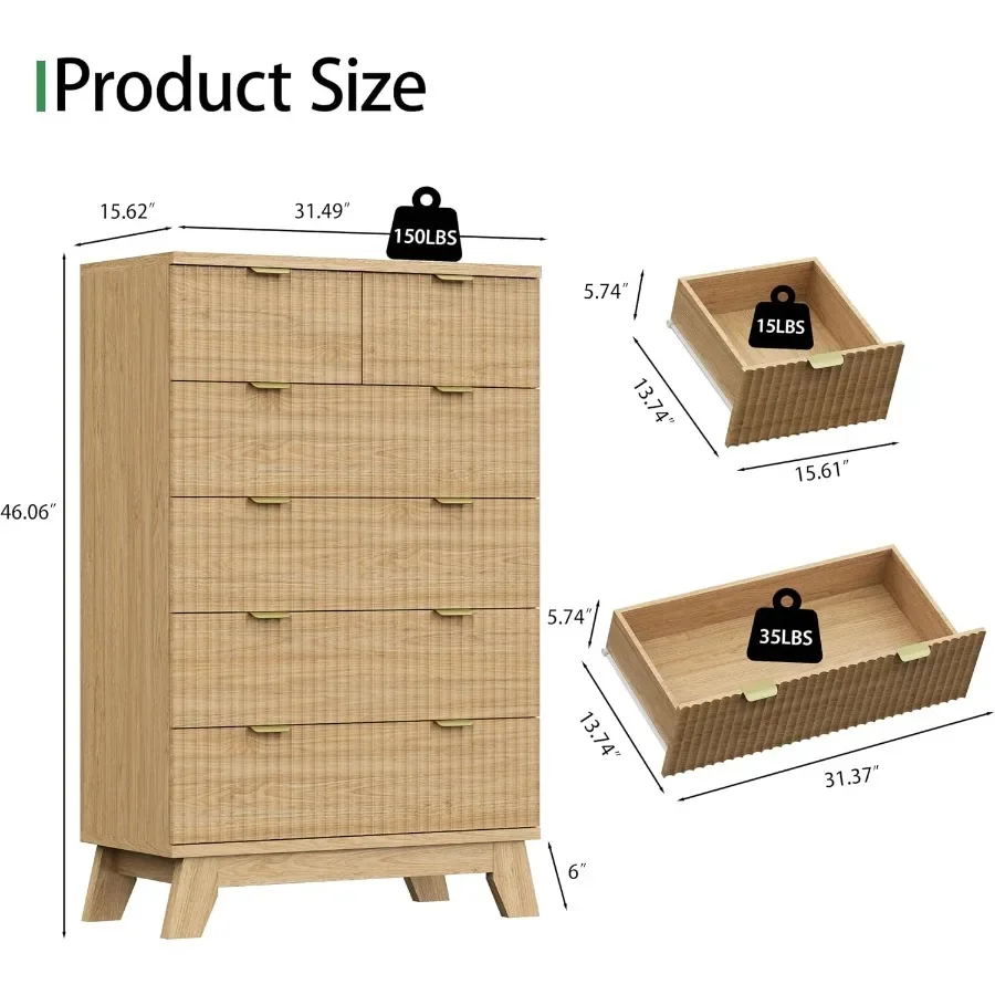 Fluted Dresser for Bedroom with 6 Drawers, 46