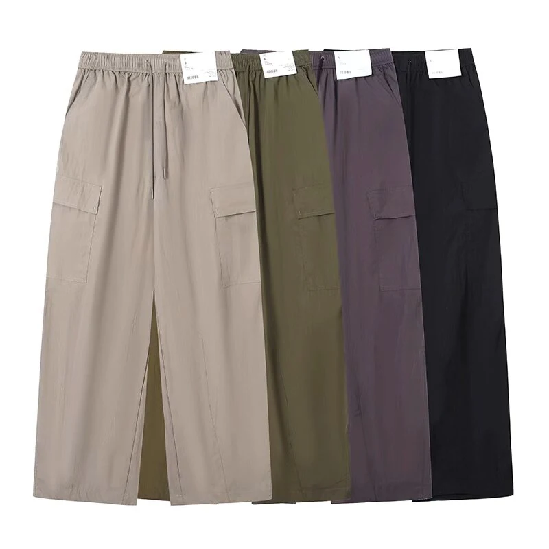 Elastic waist drawstring work pants with large pockets for summer loose fit and slimming high waisted casual pants