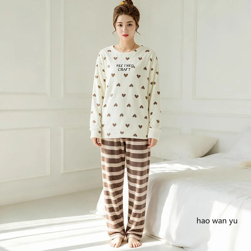 Autumn and Winter Thick Warm Coral Fleece Pyjamas with Heart-Shaped Pattern Student Nightwear Student Long Sleeves Sleepwear view 2