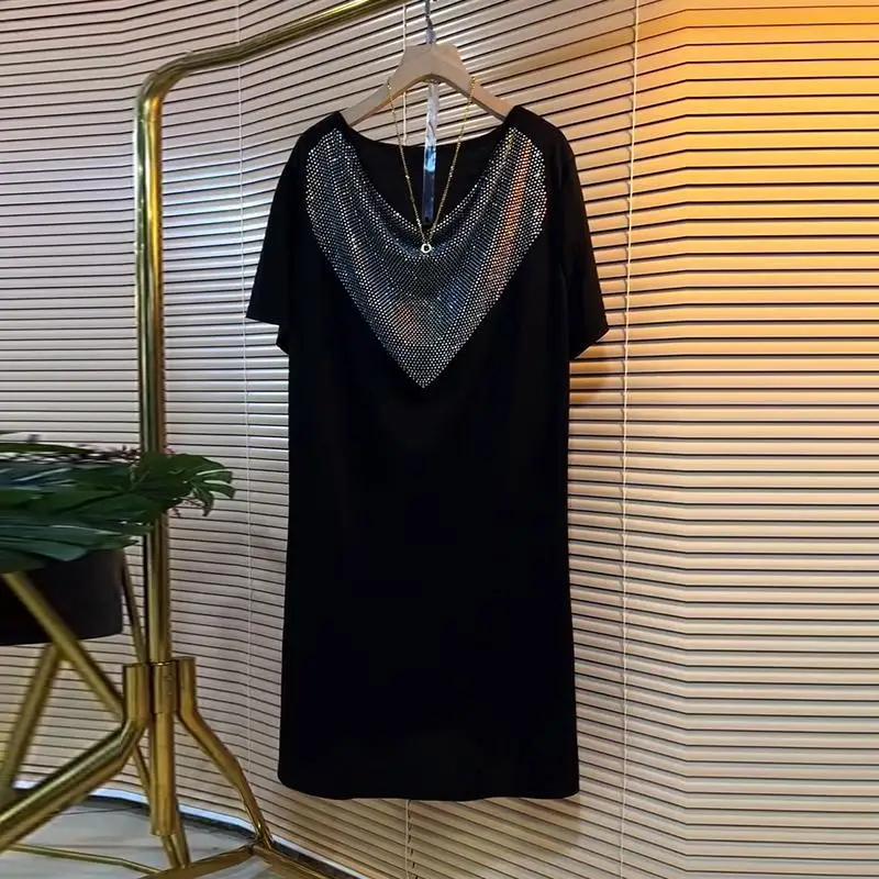 Summer New Solid Color Fashion Short Sleeve Midi Dress Women High Street Casual Loose Diamonds Elegant Dress All-match Vestidos