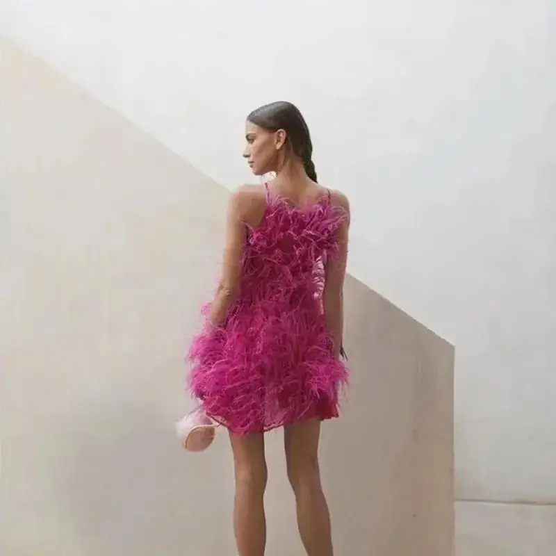 Women's Luxury New Fashion 100% Natural Feather Sexy Femme Ostrich Feather Hanging Neck Dress