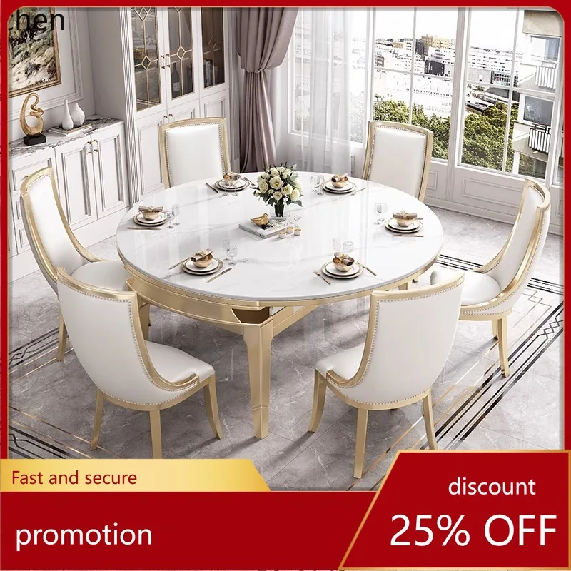 HXL Light Luxury Solid Wood Rock Plate Dining Table Minimalist Restaurant Folding Solid Wood Table and Chair Combination