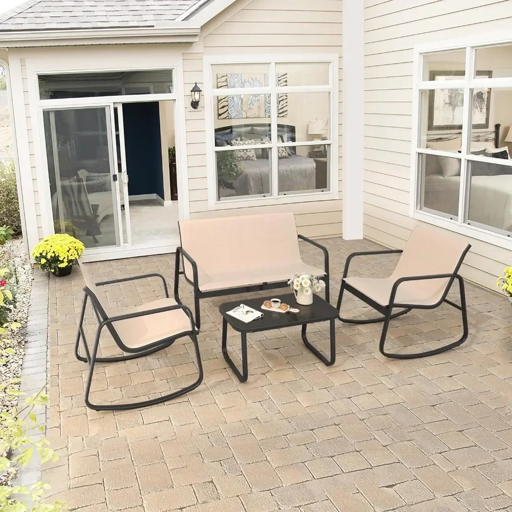 Juego de muebles de Patio, mecedoras bistró, mesa de cristal y Loveseat, conjunto de conversación al aire libre de Textilene para césped, jardín, 4 piezas