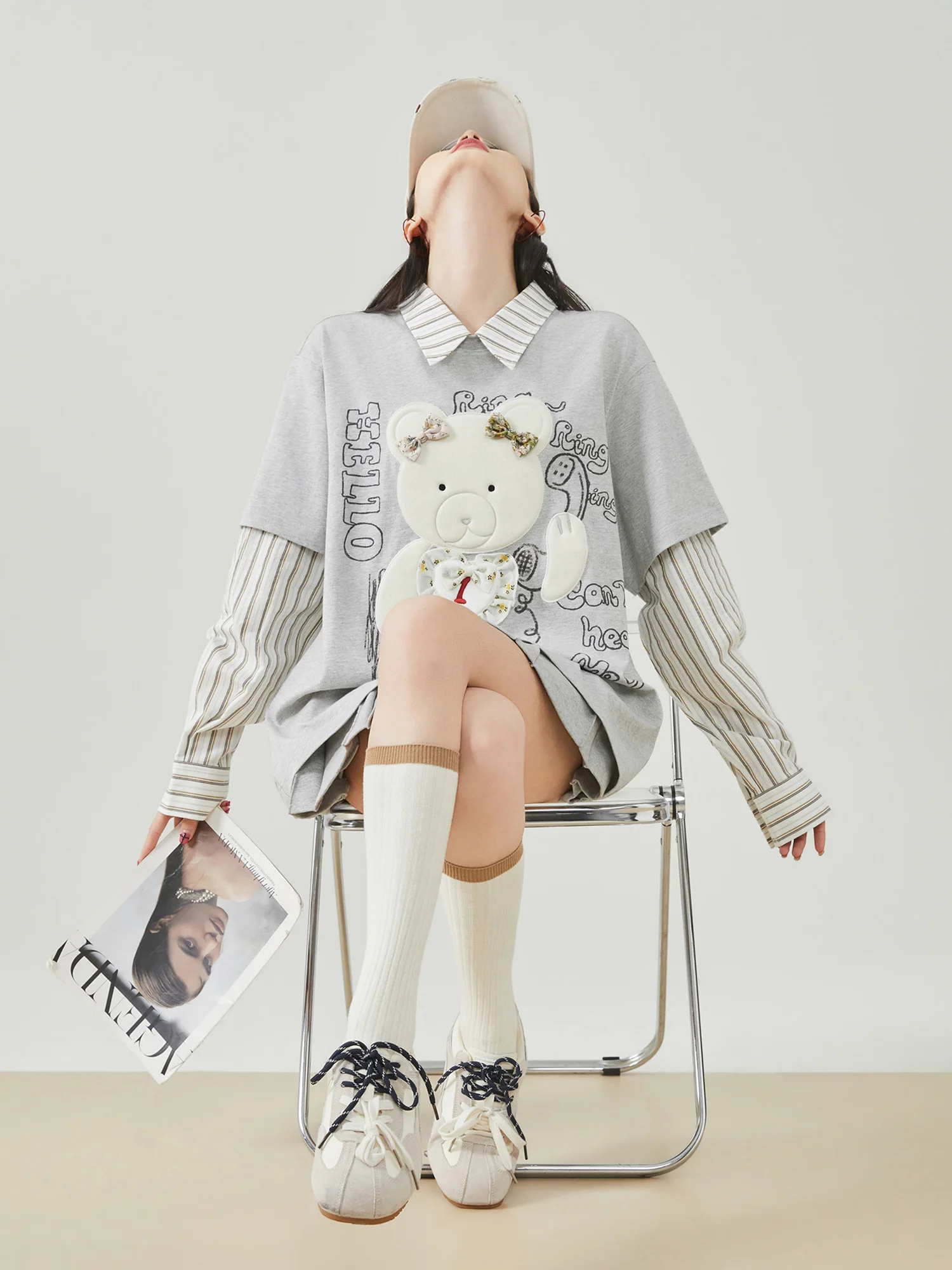 

ey Long Sve T-irt Women's Loose Fit Patchwork Striped Bear fiti Design Casual Sle Polyester Blend Spring Wear