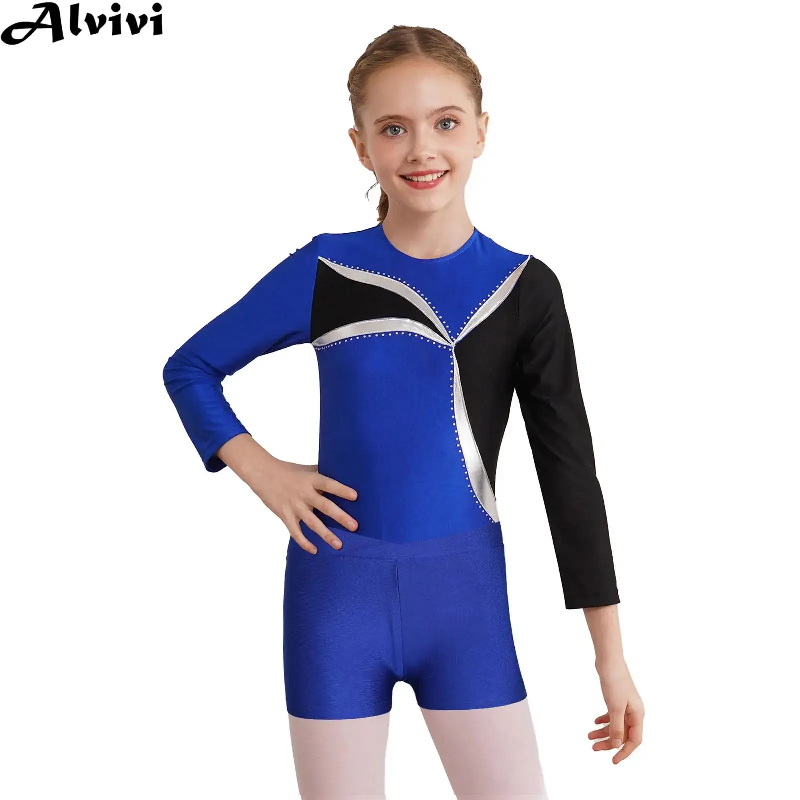 Teen Girls Ballet Dance Leotard Gymnastics Figure Skating Acrobatics Yoga Costume Long Sleeve Rhinestone Bodysuit with Shorts