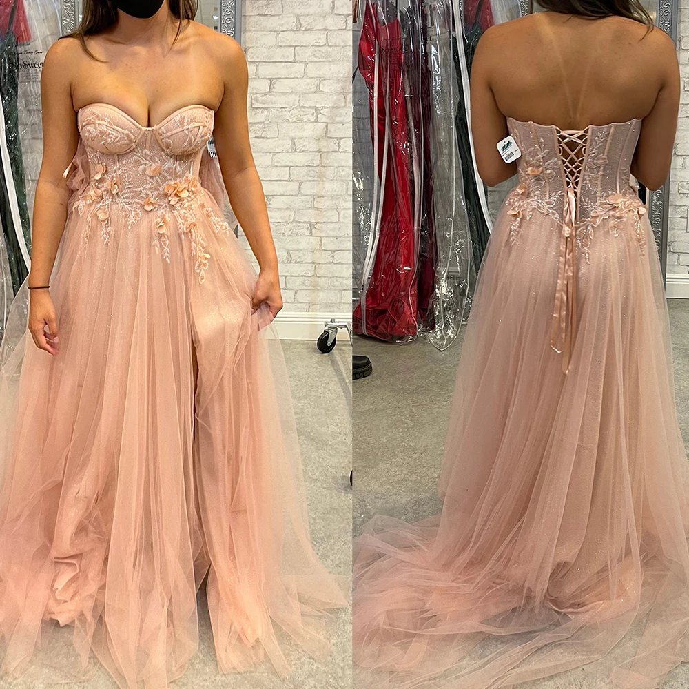 Charming Blush Pink Tulle Evening Dresses Sweetheart 3D Flower Sequins Train Formal Party Dresses Lace Up Slit robe de soirée