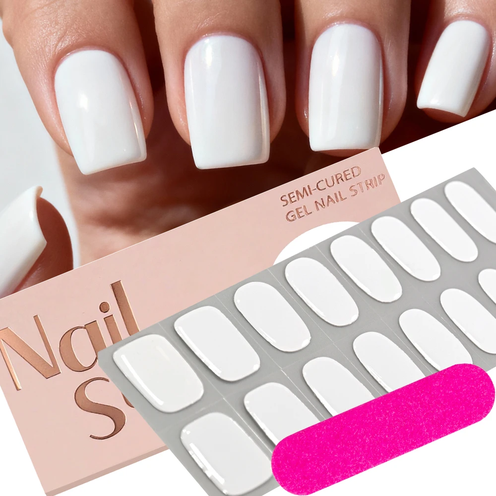 16 Tips White Semi Cured Gel Nail Strips Simple Soild Color Adhesive Full Wrap Nail Wraps Stickers with Nail File UV Lamp Needed