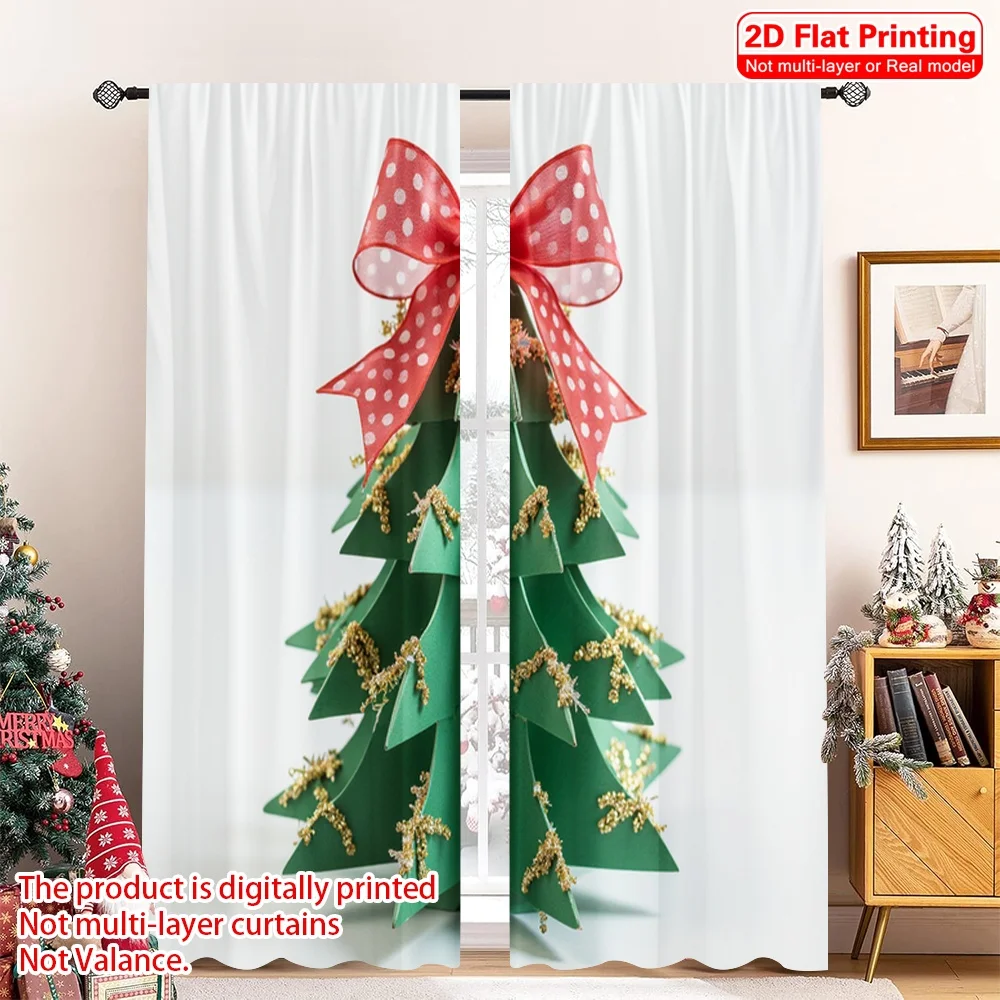 

2pcs 2D flat printing Merry Christmas Window Curtains Christmas Tree Glitter Bow Polyester Fabric Without Electricity Birthday
