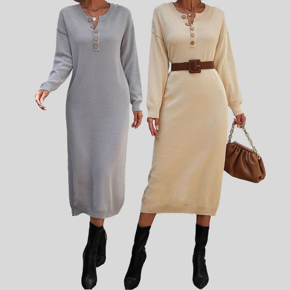 

2023 Women's Cotton Knitted Long Sleeve V-neck Button Dress Casual Loose Sweater Vacation Vestidos Office Ladies OL Long Dresses