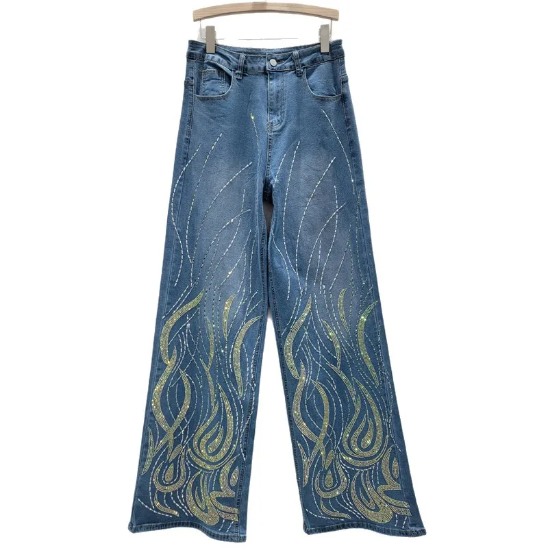 جينز مستقيم قابل للتمدد بتصميم جديد لخريف 2025 من حجر الراين الثقيل عصري رائع غير رسمي للسيدات