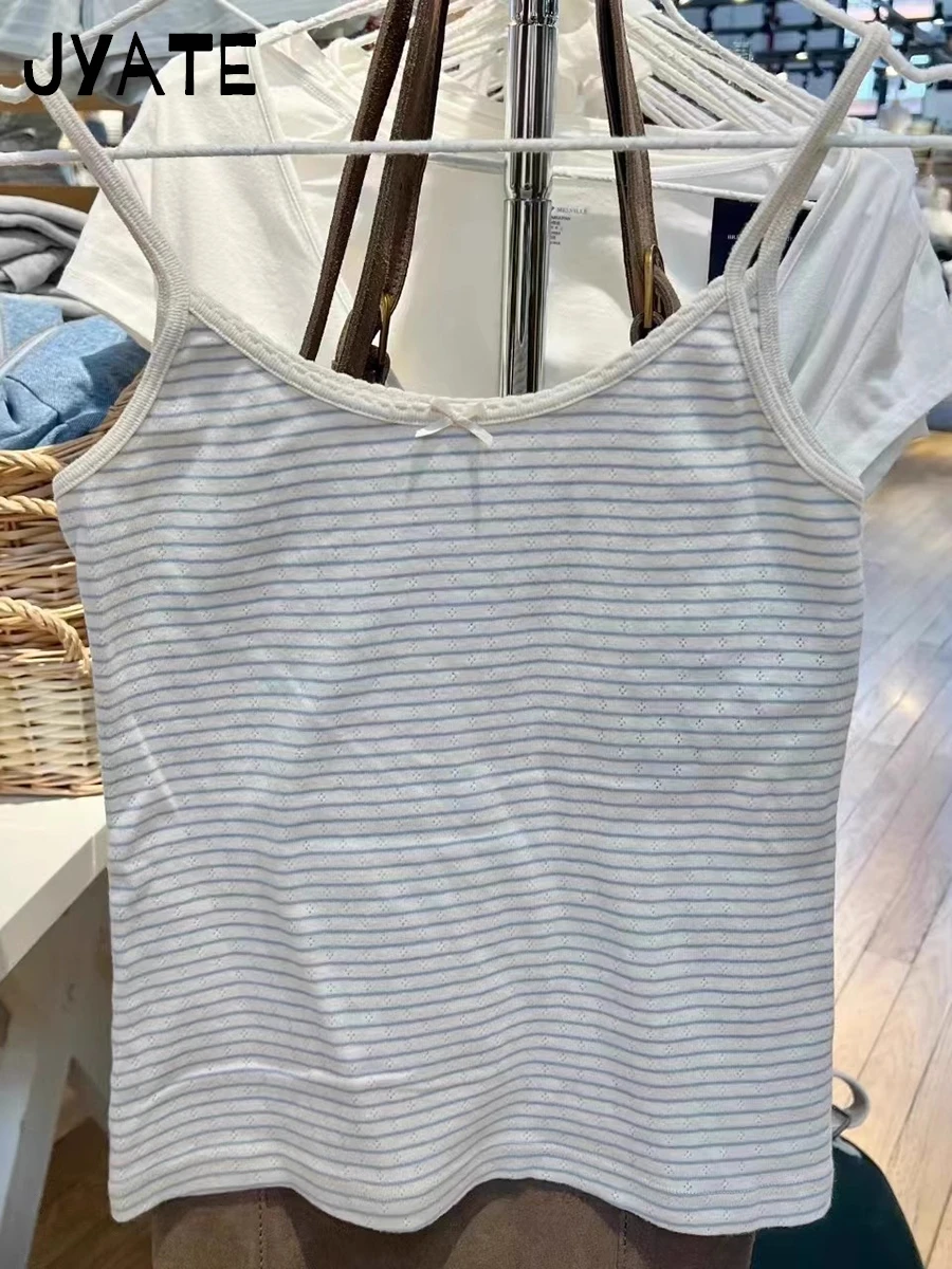 American Blue Striped Hollow Out Tank Tops Women Summer New Cotton Bow Lace Trim Sleeveless Vests Sweet Cute Vintage Camis Y2K