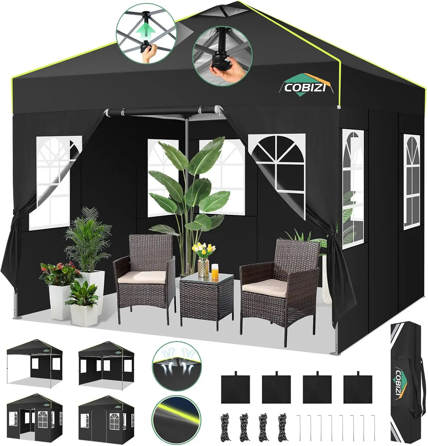 10x10 Pop Up Canopy Tent with Removable Sidewalls, Waterproof Outdoor Event Shelter Adjustable Height Carry Bag Black
