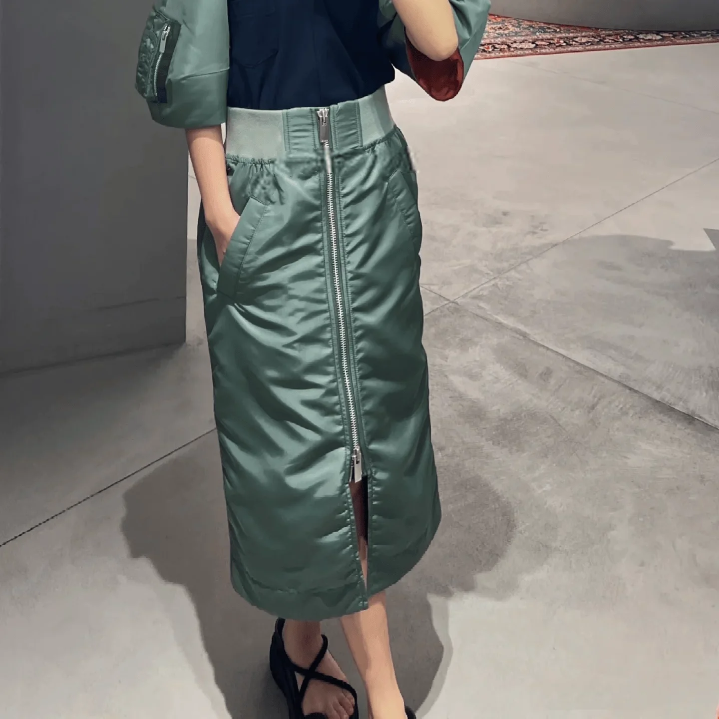 FOG SACAI – jupe mi-longue japonaise trapèze, taille haute, avec longue fermeture éclair et ceinture élastique, Collection automne-hiver pour femmes