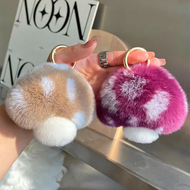 Cute real otter rabbit fur little mushroom car keychain pendant ins popular plush ball backpack accessory gift
