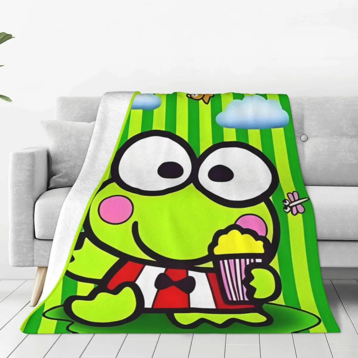 MINISO Keroppi Cartoon Flannel Blankets Warm Bedding Throws for Living Room Travel Office Fluffy Bedspread Sofa Bed Cover