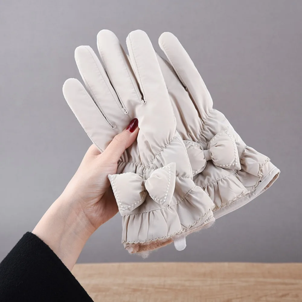 Cute Down Cotton Bow Anti-cold Mittens Touch Screen Soft Finger Mittens Korean Style Swen Plush Thickened Gloves Daily