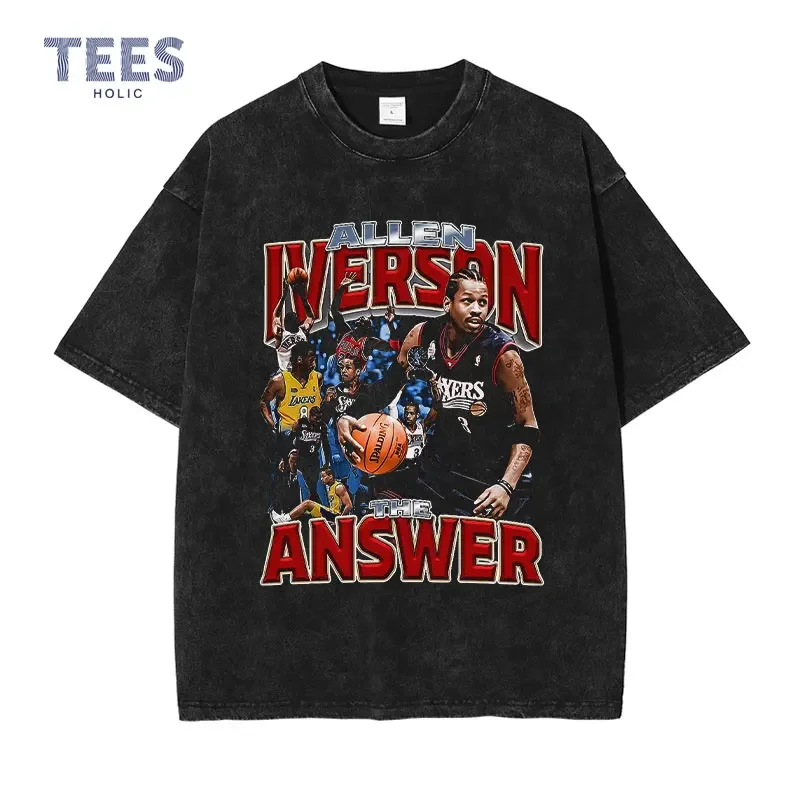 Basketball Player T Shirt Hip Hop Streetwear Vintage Washed Allen Iverson Top Tee Short Sleeve Harajuku Oversized T-shirt Men