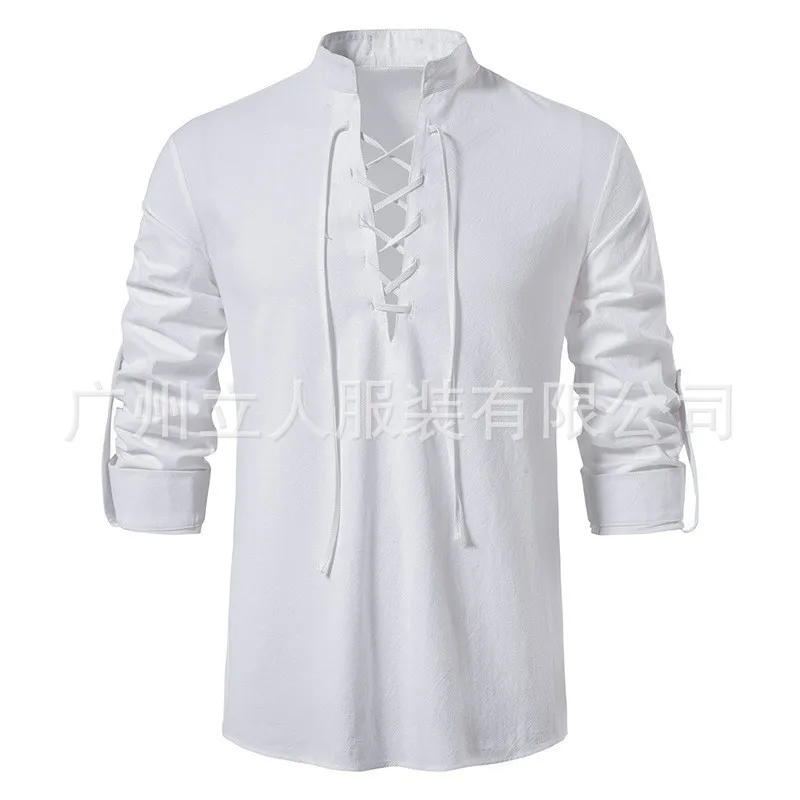 

American European New Fashion Men's Solid Color Casual Trendy Lace-up Long Sleeve Stand Collar Drawstring Shirts Male Clothes