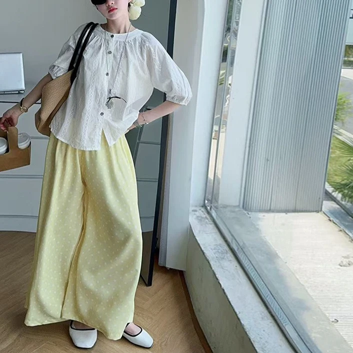 

Girls Suit 2025 Summer New Children's Clothing Korean Style Girl Baby Fashion Bubble Sleeve Shirt Wide Leg Pants Two Sets