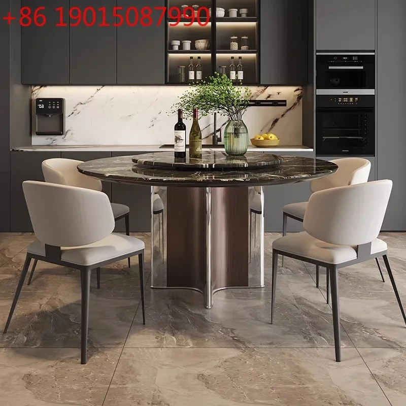 Italian light luxury stone household marble round table with turntable restaurant round table