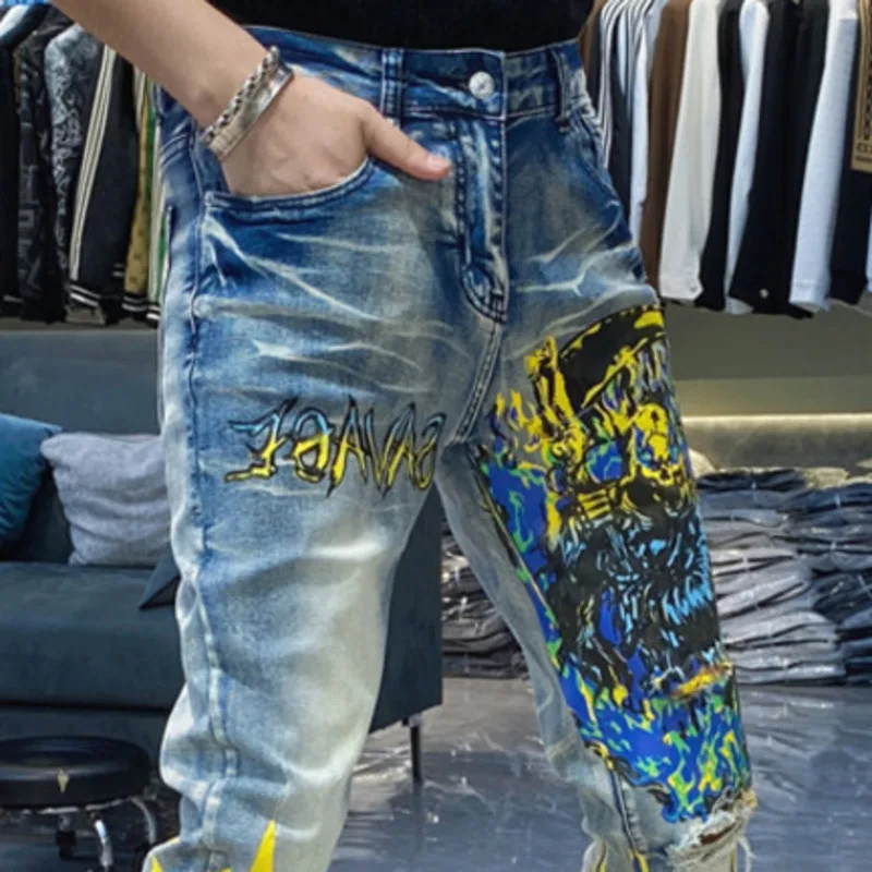 

Spring High Street Personalized Colorful Graffiti Jeans For Men Fashion Slim Elastic Jeans Pantalon Vaqueros Hombre Streetwear