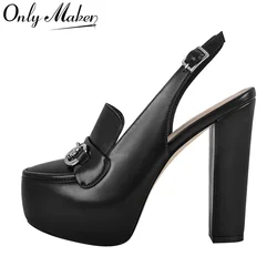 Onlymaker Women Black Matte Platform Chuncky Heel Ankle Buckle Strap Sandals Big Size Round Toe Punk Sandals